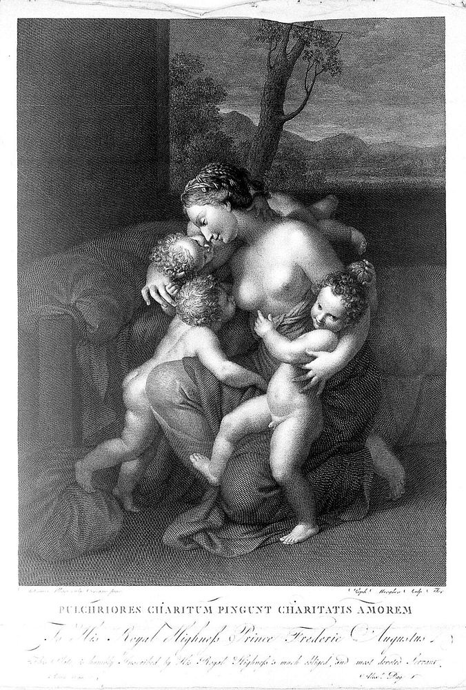 A woman breast feeding one child and holding two others; representing charity. Engraving by R. Morghen, 1795, after A.…