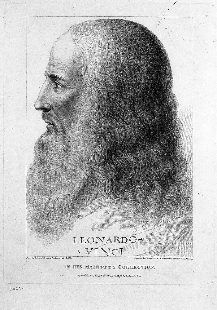 Leonardo da Vinci. Stipple engraving by F. Bartolozzi, 1795, after Leonardo da Vinci.