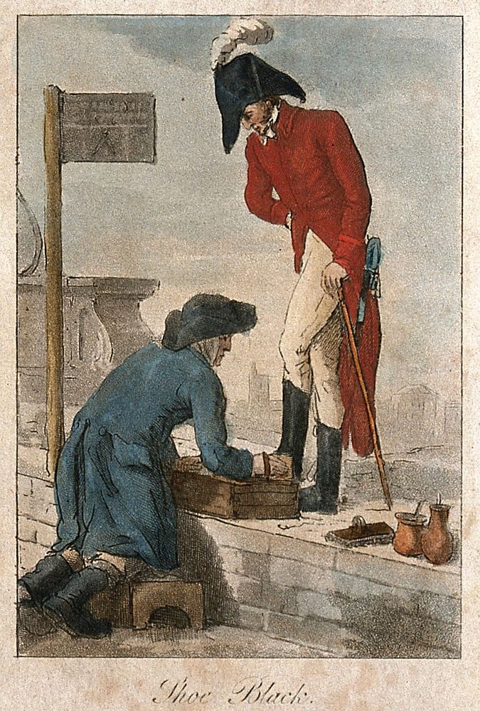 A soldier in uniform is having his boots cleaned in the street by a man kneeling in a box. Coloured aquatint with etching.