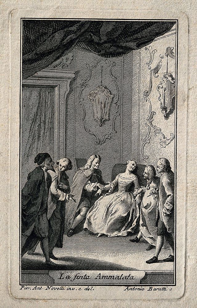 A young woman feigns illness in a chair, two men take her pulse while a physician is consulted. Line engraving by A. Baratti…