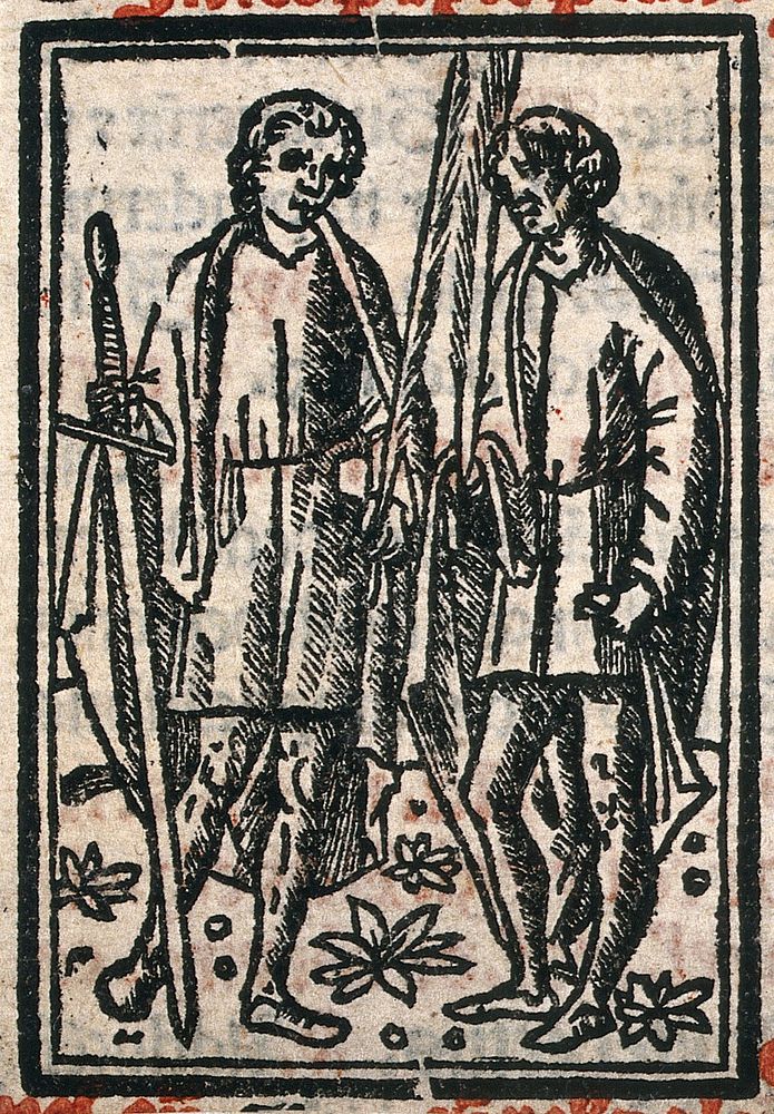 Saint Paul the Apostle with a male martyr. Woodcut.