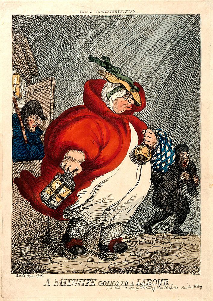 An obese midwife on her way to a labour in the early hours of the morning. Coloured etching by T. Rowlandson, 1811.