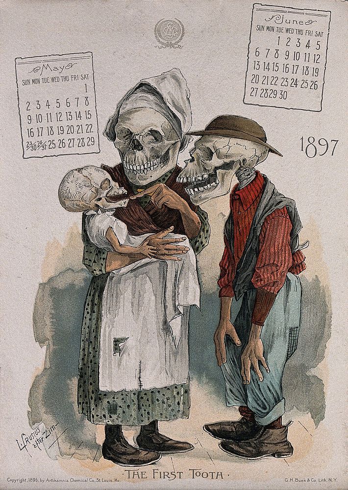 A skeletal couple gaze at their baby's first tooth. Colour lithograph by L. Crusius, 1897.