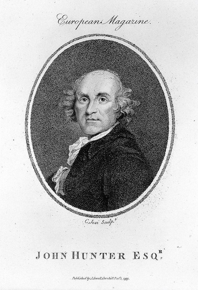 John Hunter. Stipple engraving by C. Josi, 1793, after W. Sharp after Sir J. Reynolds.