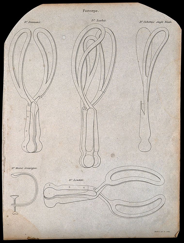 Surgical instruments, mainly forceps. Engraving by Mutlow.