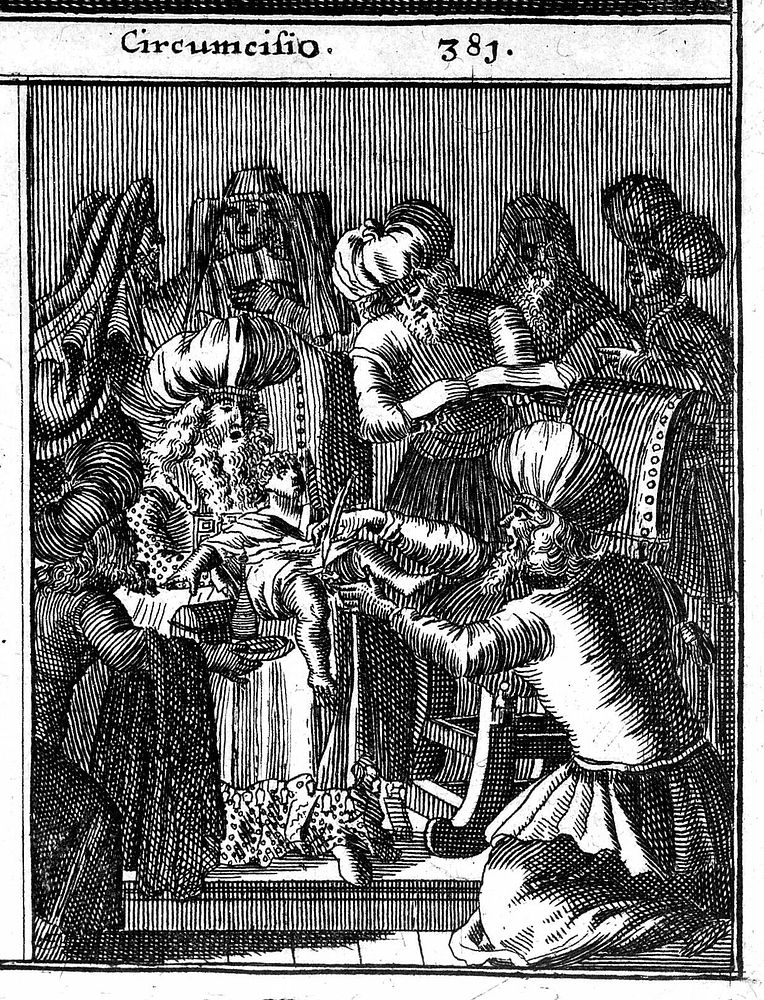 Three scenes: a woman undergoing a trial for adultery, a Jewish burial and circumcision ceremony. Etching after a woodcut…