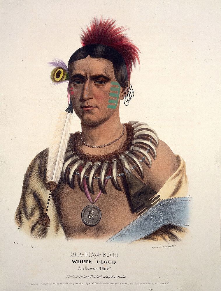 Ma-hos-kah (White Cloud), a chief of the Iowa tribe, with facial tattooes and a bear's claw necklace. Coloured lithograph by…