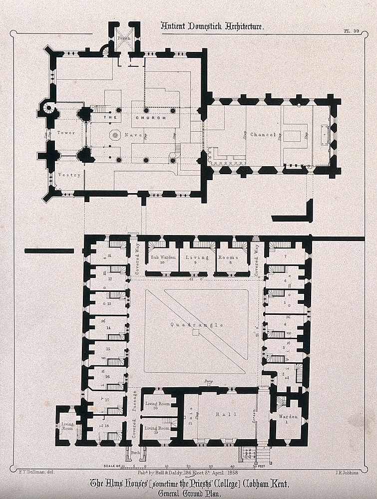 The Alms houses (formerly Priests' College), Cobham, Kent: floor plans. Transfer lithograph by J.R. Jobbins, 1858, after…