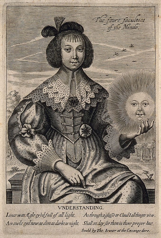 A woman holds the sun in her hand; representing the faculty of understanding. Engraving, 16--.