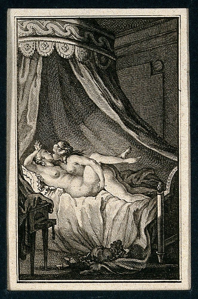 Two women engaged in sexual intercourse in a neoclassical canopied bed. Etching, ca. 1780.
