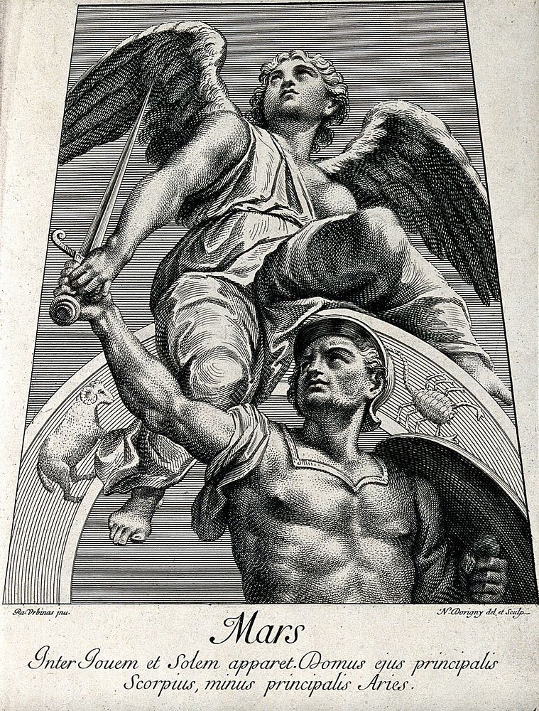 Astronomy: Mars with sword and shield, an angel above, looking heavenward. Engraving by N. Dorigny, 1695, after Raphael…
