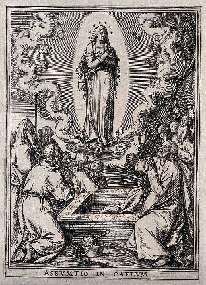 The apostles around the empty tomb watch the Assumption of the Virgin. Engraving.
