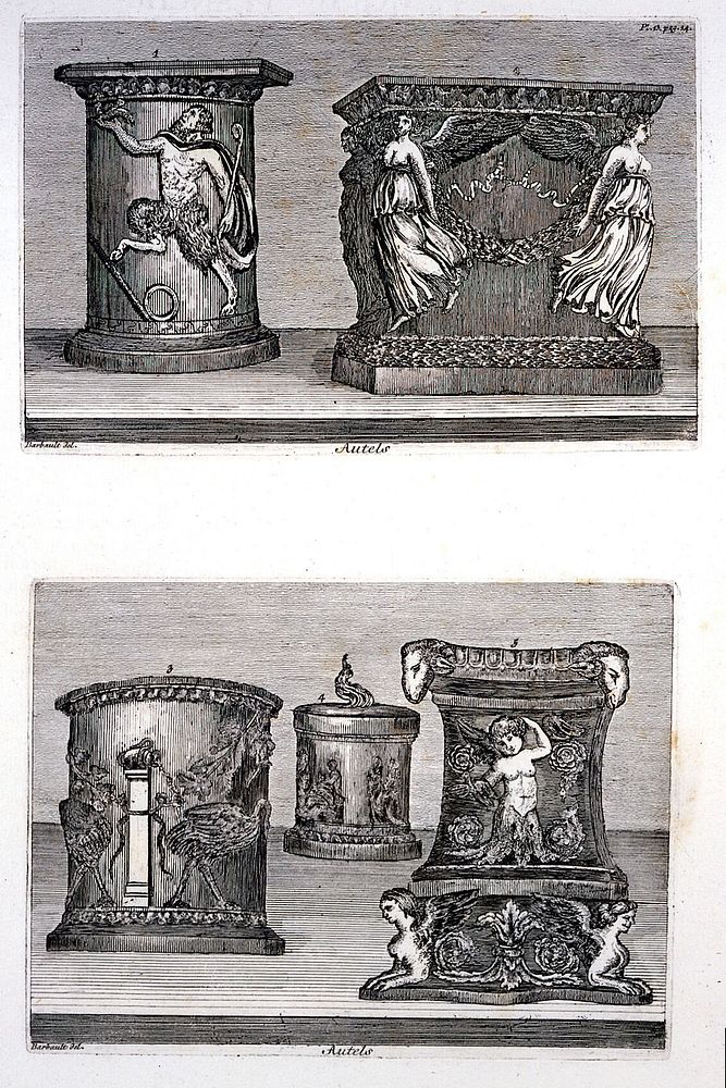Five ancient Roman altars. Etching after J. Barbault.