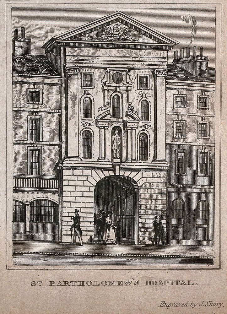 St Bartholomew's Hospital, London: Henry VIII Gate. Engraving by J. Shury.