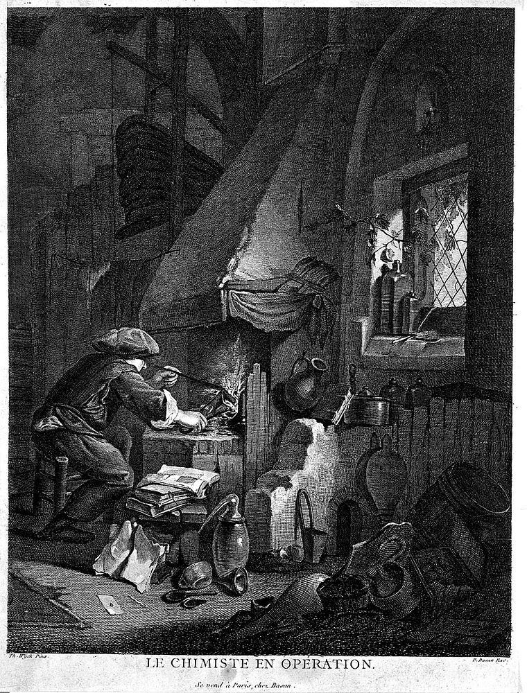 An alchemist stoking a furnace in a dimly lit room, as daylight shines through a window. Engraving by P-F. Basan after T.…