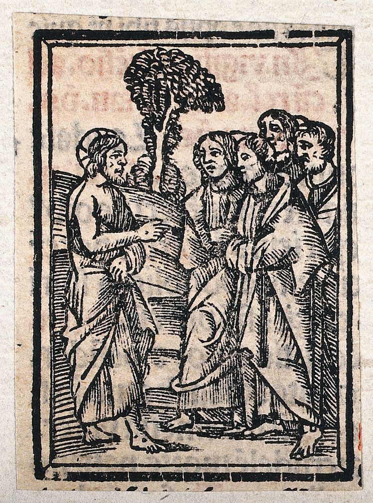 Christ preaching to the apostles. Woodcut.