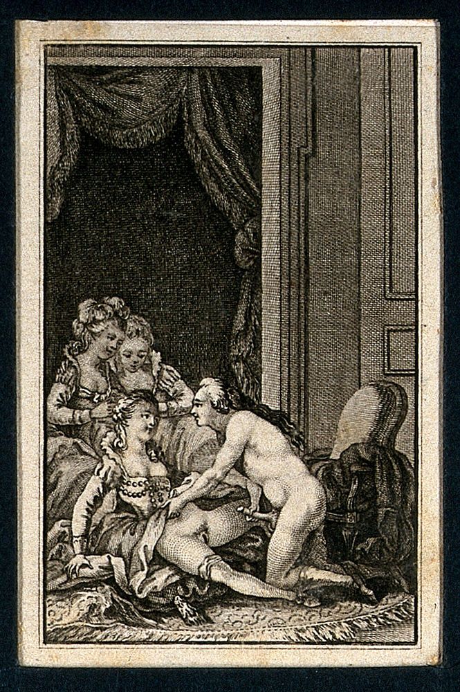 A man and a woman about to engage in sexual intercourse; two ladies watching in the background. Etching, ca. 1780.