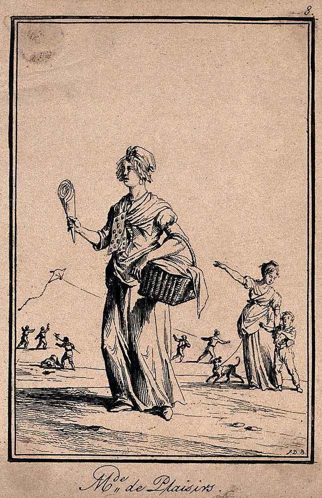 A young woman is selling wafer-cones from her basket. Etching by J. Duplessi-Bertaux.