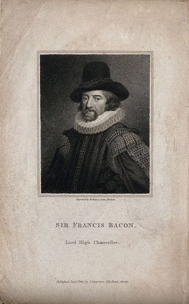 Francis Bacon, Viscount St Albans. Stipple engraving by W. Haines, 1812, after H. Holbein.