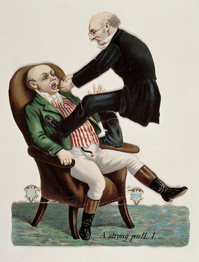 A dental surgeon standing on the arm of a chair and pressing his foot against a man's chest to enable him to extract a tooth…