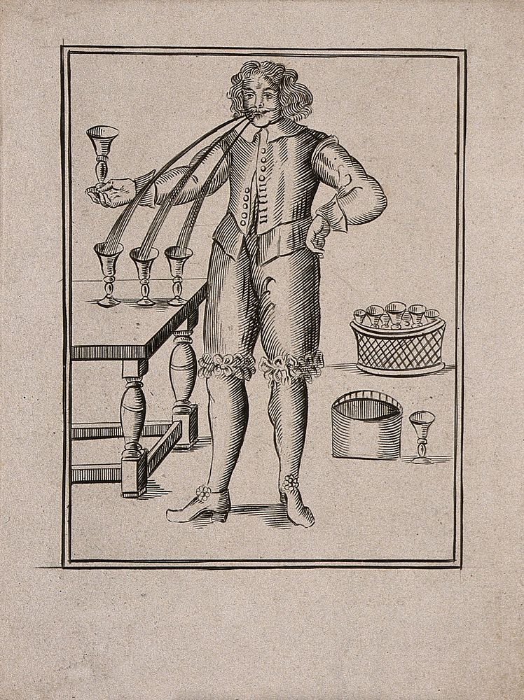 Floram Marchand, a man who regurgitated water transformed into several colours and into separate vessels. Line engraving.