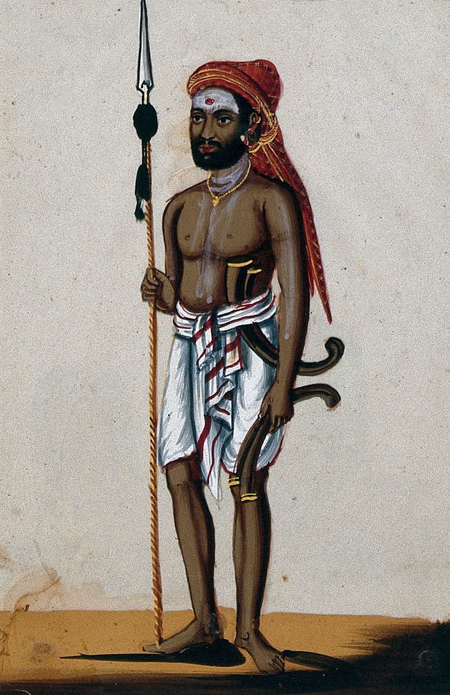 A hunter holding a spear. Gouache painting on mica by an Indian artist.