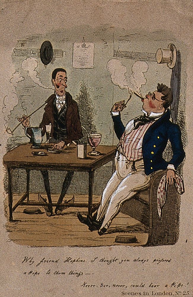 One man is smoking a pipe and another is smoking a cigarette. Coloured etching.
