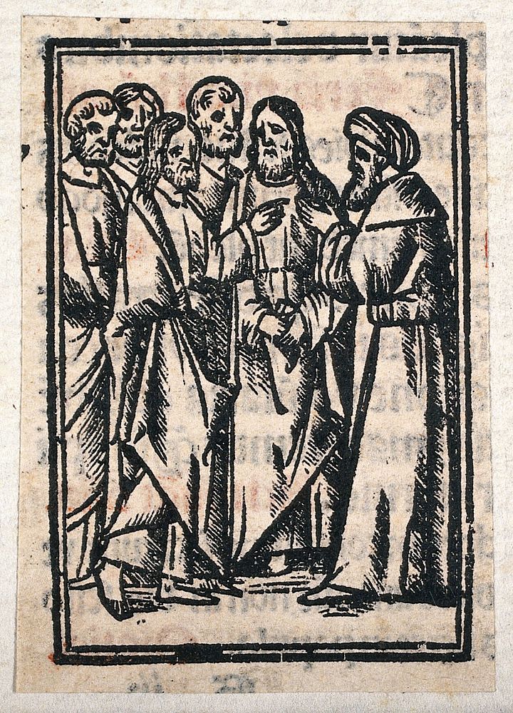 Jesus and the apostles encounter a man. Woodcut.