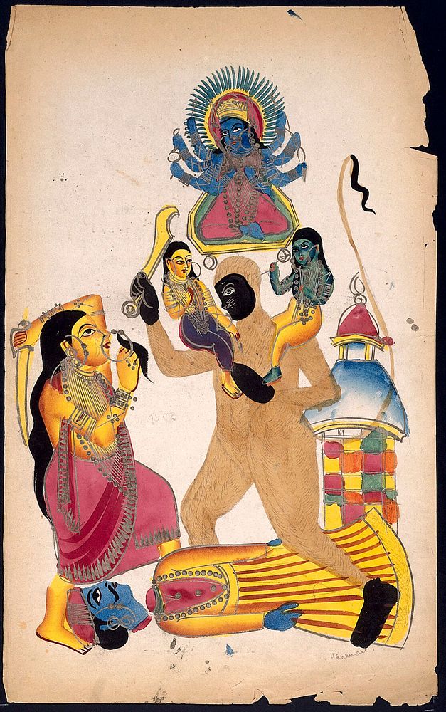 Hanuman holding Rama and Laksmana fighting with Sarupnakha. Watercolour drawing.