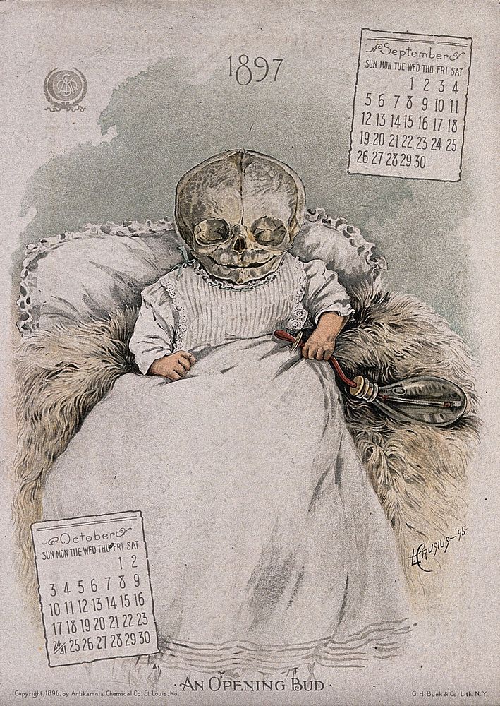 A skeletal baby holds a dummy. Lithograph by L Crusius, 1897.