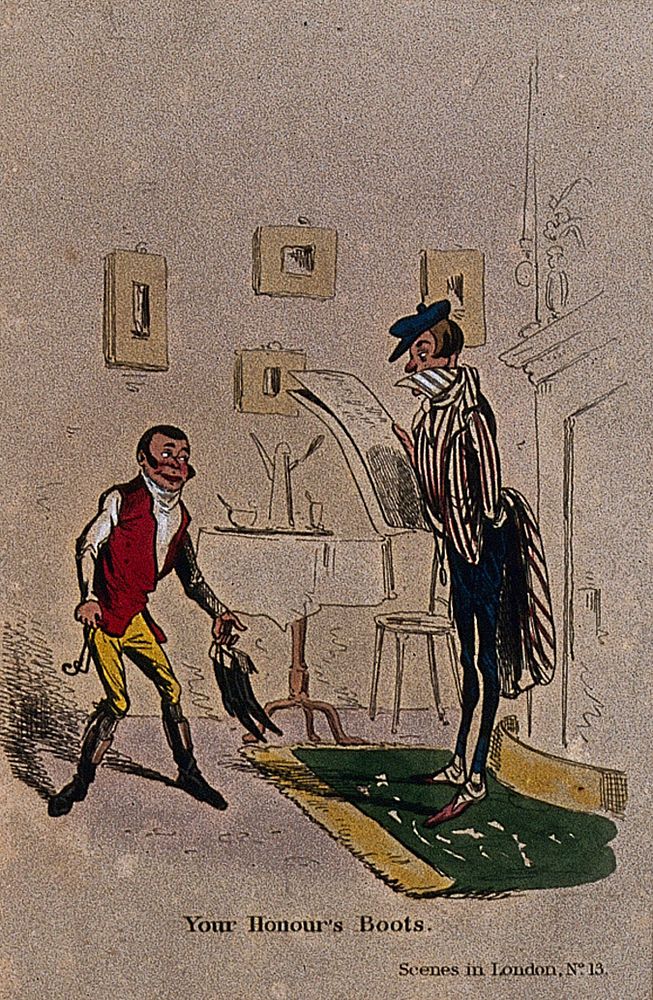 A manservant is offering a pair of boots to the man standing by the fire reading. Coloured etching.