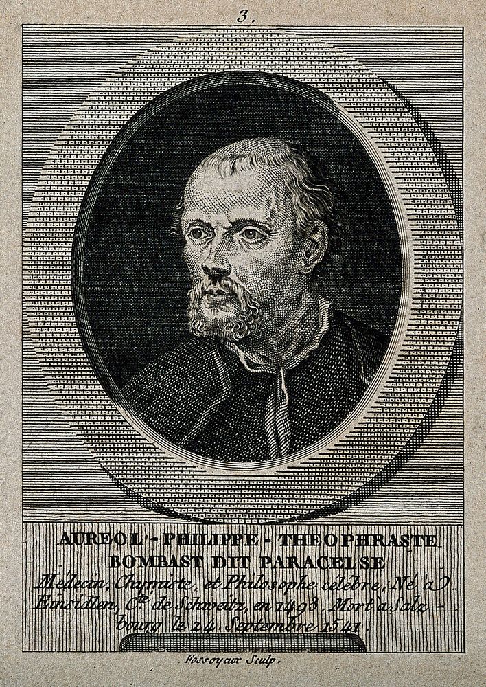 Aureolus Theophrastus Bombastus von Hohenheim [Paracelsus]. Line engraving by J. B. Fosseyeux.