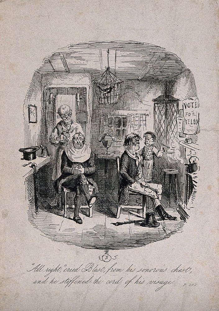 A barber shaving a man; on the right a very small boy prepares to shave another man. Etching.