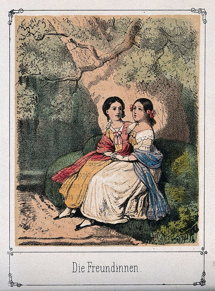 Two girls are sitting together on a grassy bank. Coloured lithograph.