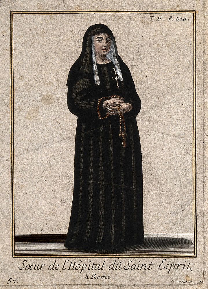 A nun from the Hospital of Santo Spirito, Rome. Coloured line engraving by C. Duflos le père.