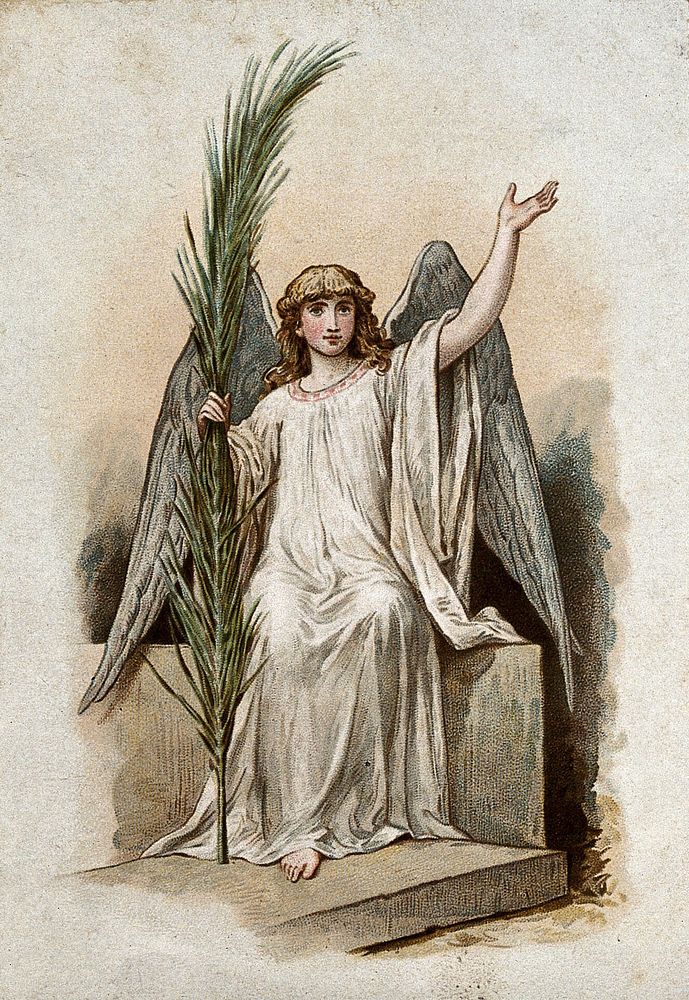An angel sits on a stone, raises his left hand and holds a palm branch in the other hand. Colour lithograph.
