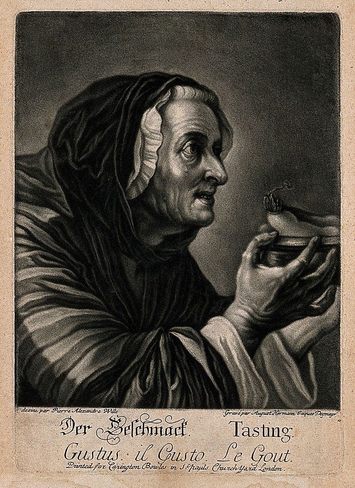 An old woman with a plate of vegetables; representing the sense of taste. Mezzotint by A.H.J. Degmair after P.A. Wille.