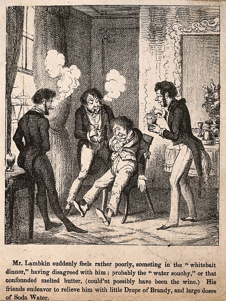 Mr. Lambkin suffering from excess food and wine, his friends try to make him feel better. Lithograph by G. Cruikshank.