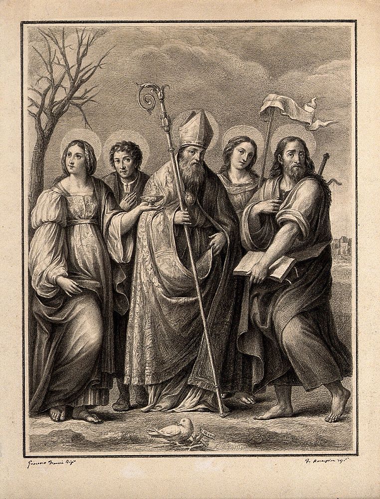 Bishop Frigidian (Fridian, Frediano) flanked by Saint Lucy, a donor, Saint Ursula and Saint James. Drawing by F. Rosaspina…