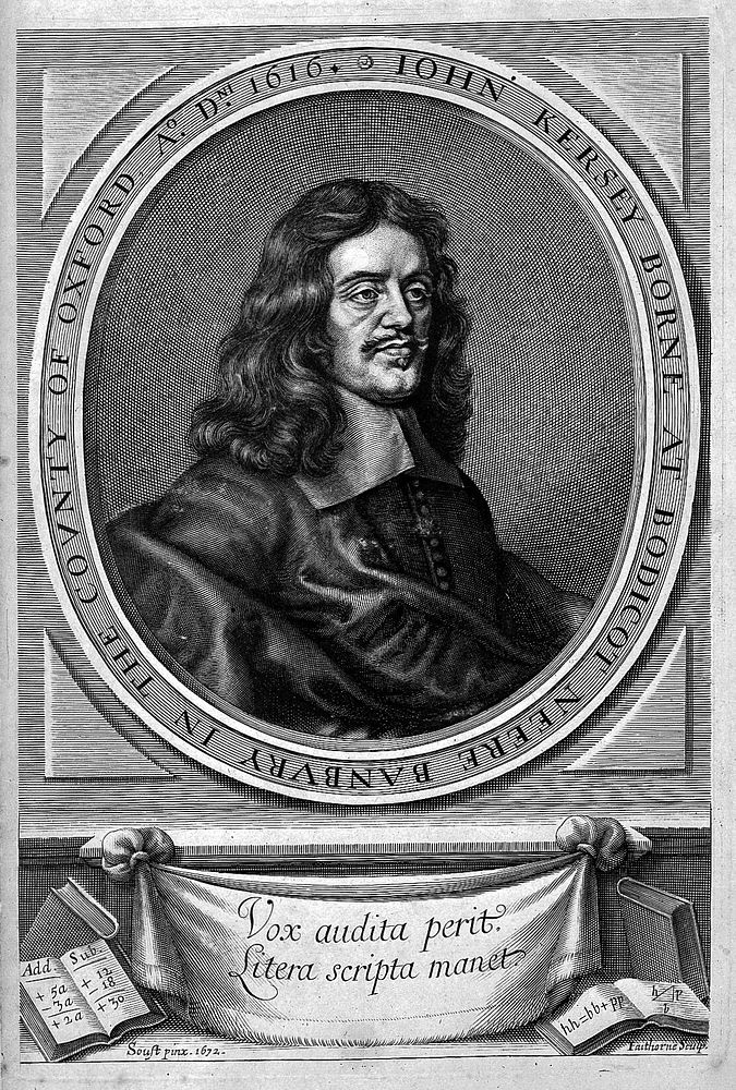 John Kersey. Line engraving by W. Faithorne, 1673, after G. van Soest, 1672.