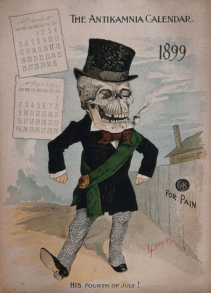 A skeleton dressed in fine attire with a green sash to celebrate Independence Day. Lithograph by L. Crusius, 1899.