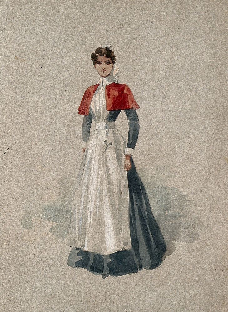 An English hospital nurse in full uniform. Watercolour drawing.