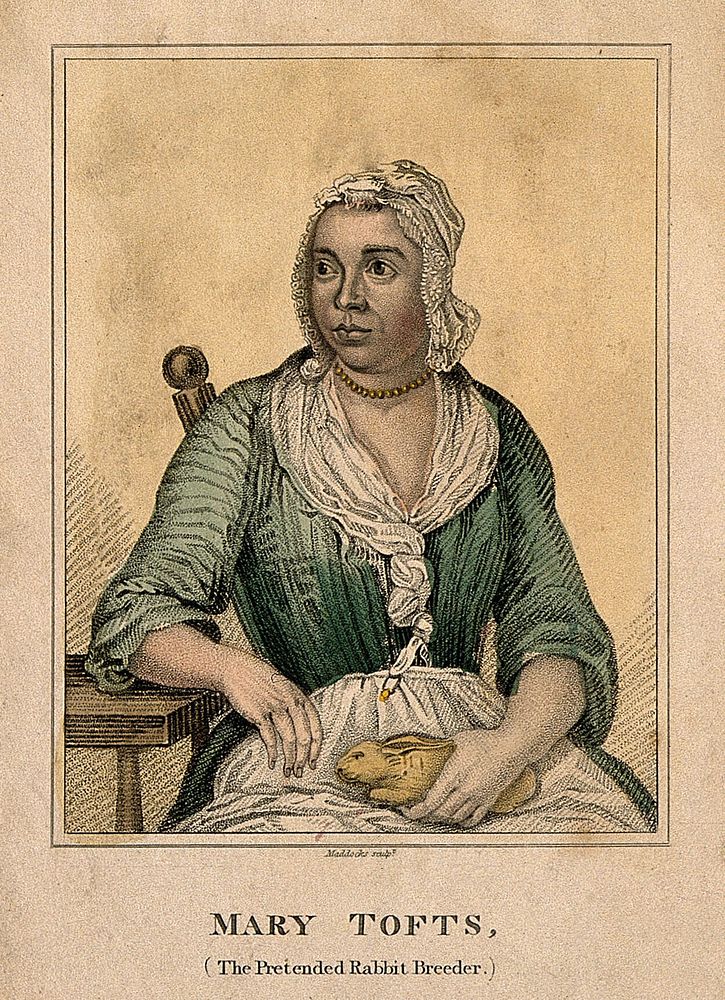Mary Tofts, a woman who pretended that she had given birth to rabbits. Coloured stipple engraving by Maddocks, ca. 1819.