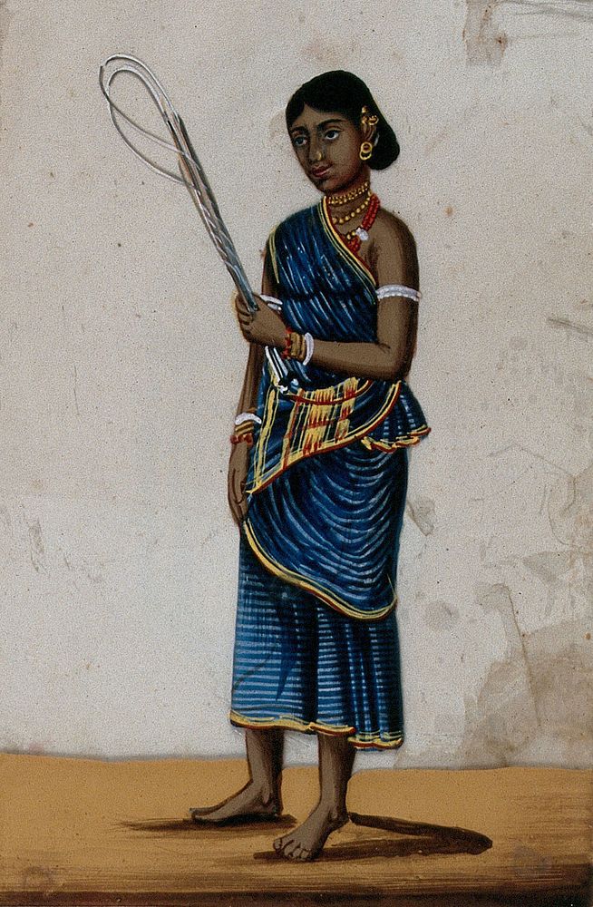 A whip sellers's wife holding some whips. Gouache painting on mica by an Indian artist.