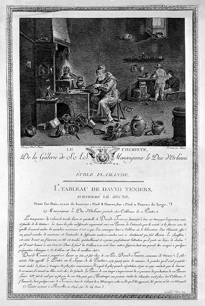 An alchemist with his assistants in his laboratory. Engraving by F.B. Lorieux and P. Michon after D. Teniers the younger…