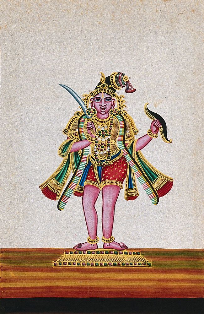 Raja Munnar  holding a sword in his right hand. Gouache painting by an Indian artist.