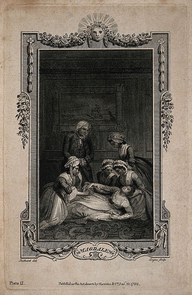 A group of women gather around a fainted woman, while a concerned man looks on, with an ornate border. Line engraving by W.…