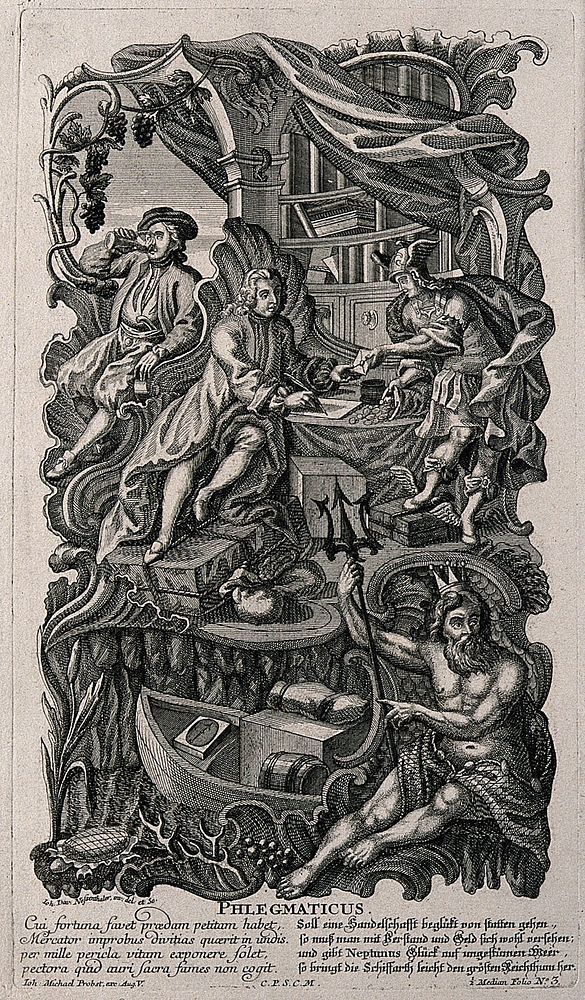 Neptune presiding over a businessman making money through investment and a man drinking beer; representing the phlegmatic…
