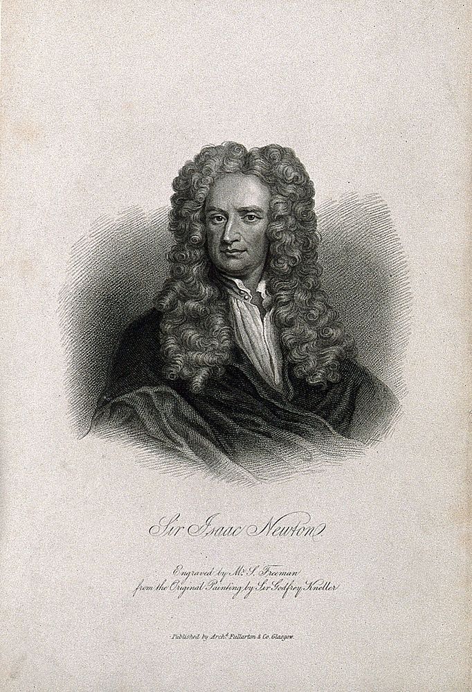 Sir Isaac Newton. Stipple engraving by S. Freeman after Sir G. Kneller, 1702.