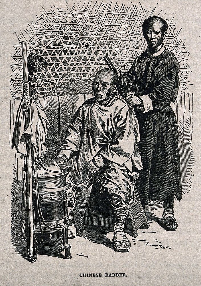 A barber's shop: a barber dresses a seated man's hair. Wood engraving.